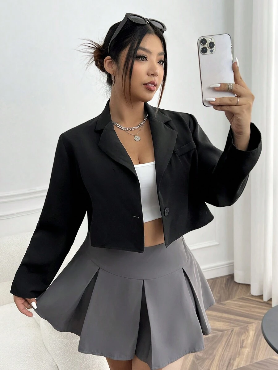 SHEIN EZwear Plus Lapel Neck Crop Blazer Graduation,Back To School,Teacher Outfits For Women In Fall/Winter