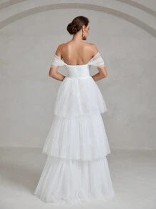 Off Shoulder Layer Hem Mesh Wedding Dress - White - View 2