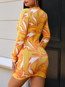 EURMUSE Allover Print Cut Out O-ring Detail Bodycon Dress - Orange - View 2