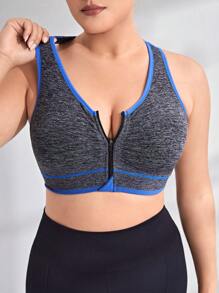 Yoga Basic Bras thể thao Plus Size Dây kéo Tương phản ràng buộc màu trơn - Màu xám đen - Xem 3