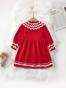 SHEIN 女小童條紋飾邊彼得潘領娃娃毛衣洋裝 - 紅色 - 查看 2