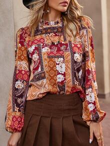 SHEIN LUNE Paisley Print Mock Neck Lantern Sleeve Blouse - Multicolor - View 4