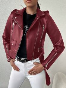 EURMUSE 拉鏈開襟腰帶PU皮革機車夾克