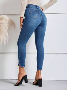 SHEIN LUNE Split Hem Skinny Jeans - Dark Wash - View 2