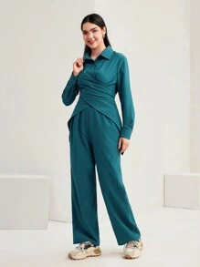 Mulvari 素色十字交叉襯衫和闊腿褲 - 水鴨藍 - 查看 4