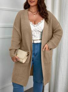 SHEIN LUNE Hơn Thả vai Vá Túi Áo len Duster - Màu Khaki - Xem 1