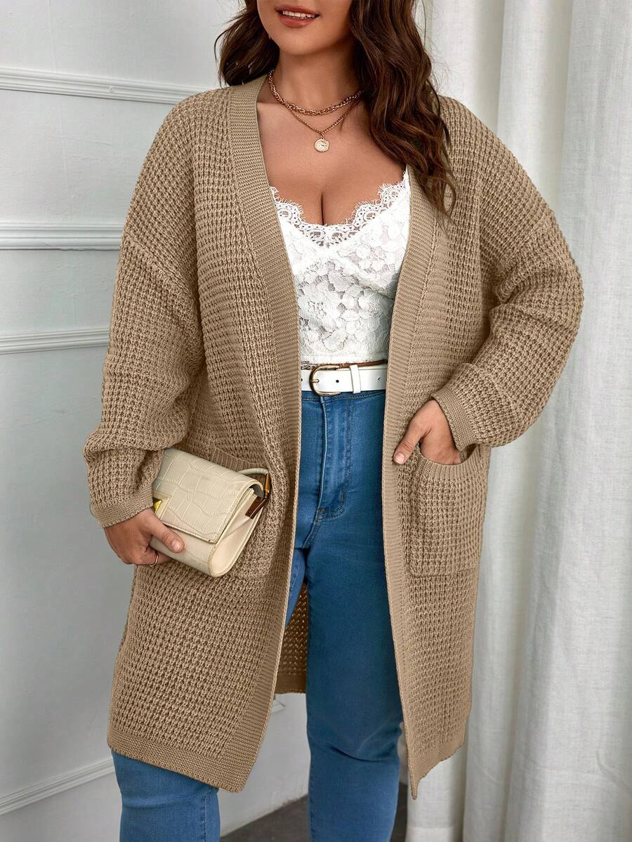 SHEIN LUNE Hơn Thả vai Vá Túi Áo len Duster - Màu Khaki - Xem 1