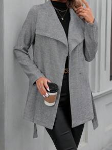 SHEIN Clasi 瀑布領束帶大衣 - 深灰色 - 查看 4