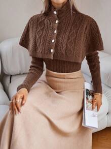 SHEIN Privé 麻花編織開襟衫&小高領針織披肩 - 棕色 - 查看 4