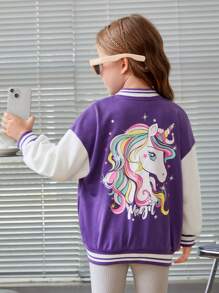 SHEIN 女孩獨角獸印花落肩袖雙色條紋飾邊學院風夾克 - 彩色 - 查看 6