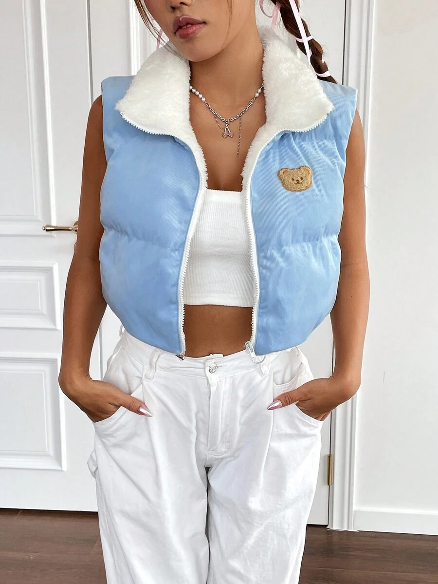 SHEIN EZwear Bear Print Zip Up Crop Vest Padded Coat - Blue - View 1