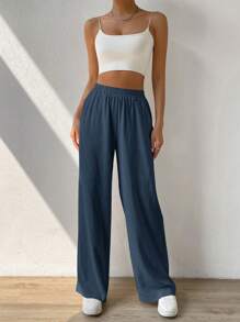 SHEIN EZwear Solid Slant Pocket Wide Leg Pants - Navy Blue - View 6