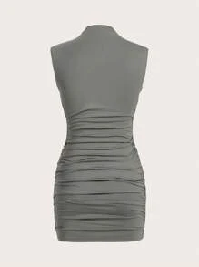 SHEIN EZwear Gray Mock Neck Ruched Bodycon Dress - Grey - View 2
