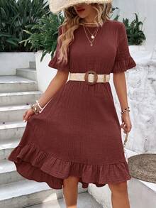 SHEIN LUNE Vestido de manga amplia bajo con fruncido - Rosa Roja - Ver 5