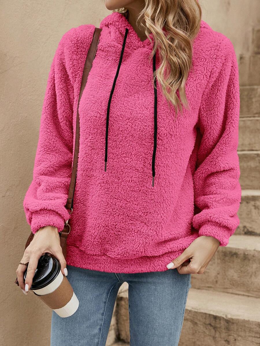 SHEIN LUNE 素色抽繩毛絨帽衫 - 玫紅色 - 查看 1