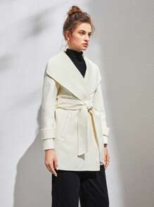 Anewsta Waterfall Collar Belted Overcoat - White - View 5