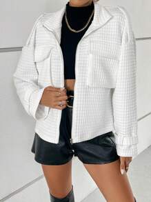 SHEIN Essnce Flap Pocket Drop Shoulder Zip Up Jacket - Grey - View 4