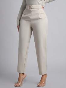 SHEIN PETITE Spring Women Outfit Belted Straight Leg Pants - Khaki - View 5