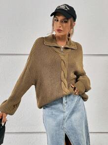 SHEIN Essnce Cable Knit Drop Shoulder Sweater - Brown - View 3