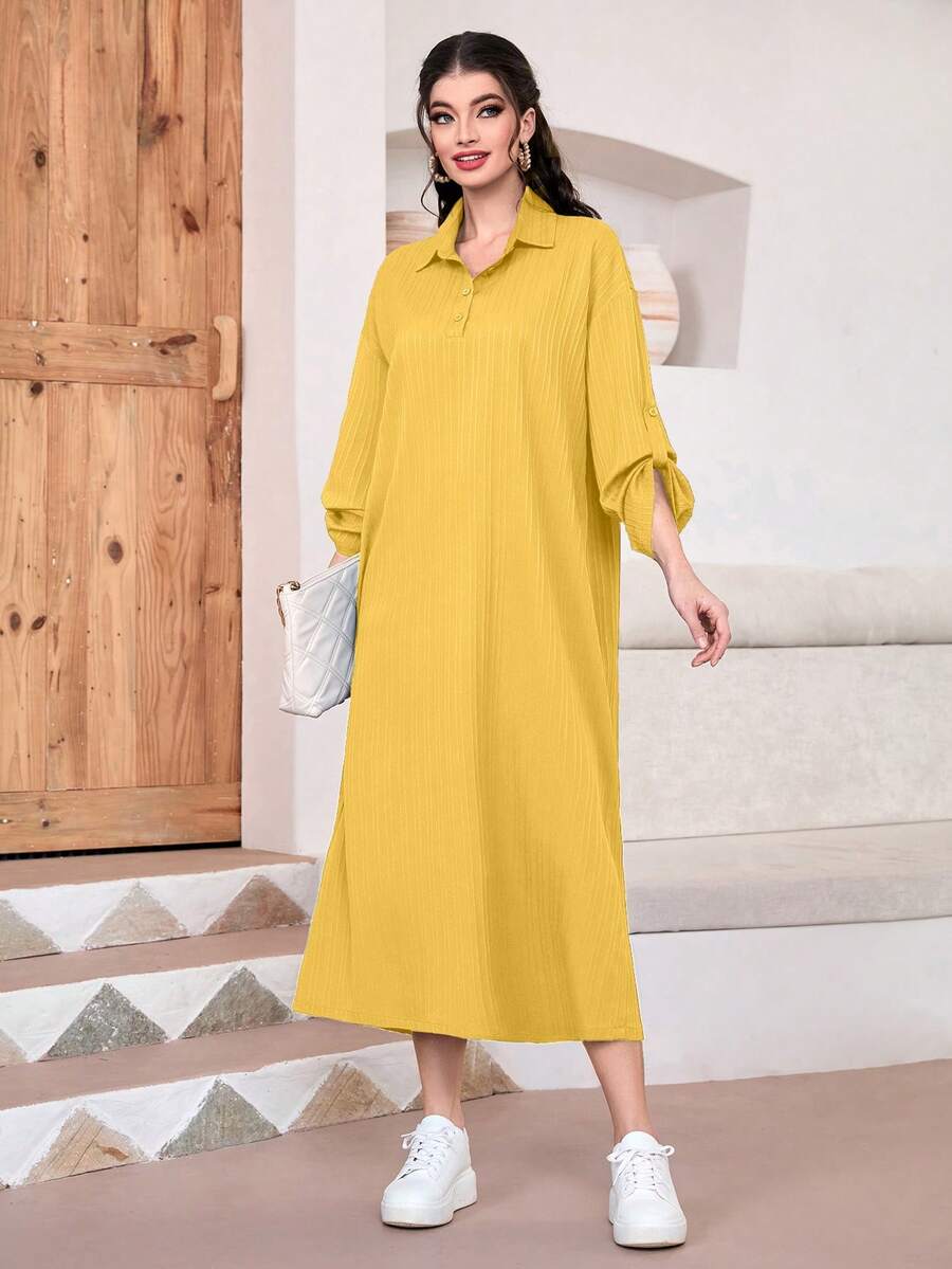 Mulvari Solid Roll Up Sleeve Shirt Dress - Yellow - View 1
