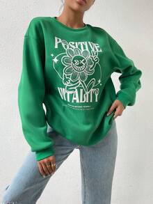 Chiquease Đồ họa hoạt hình và khẩu hiệu Thả vai Áo nỉ - màu xanh lá - Xem 5