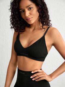 Ocili Leisure Extremely Stretchy Seamless & Skin-Friendly No Padding Comfortable Solid Letter Bra Black - Black - View 6