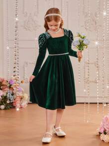 SHEIN 補間女孩方領絞腿袖珍珠串珠天鵝絨洋裝 - 綠色 - 查看 5