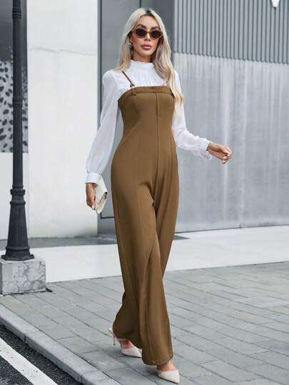 GENKIRA Solid Wide Leg Overall Jumpsuit Without Blouse