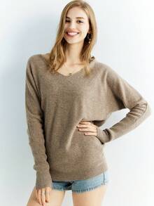 女士 100% 美利奴羊毛毛衣 V 领毛衣秋冬长袖柔软针织套头衫 - 駝色 - 查看 4