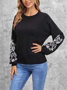 Jersey con patrón floral de hombros caídos - Negro - Ver 3