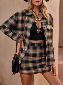 SHEIN Clasi 格子印花落肩襯衫和半身裙 - 卡其色 - 查看 1