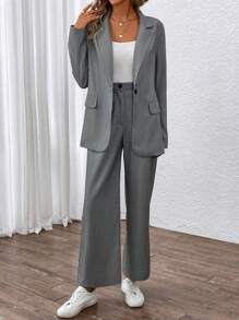 Chiquease Lapel Neck Single Button Blazer & Suit Pants - Dark Grey - View 4