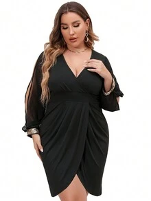 Plus Split Sleeve Wrap Hem Dress - Black - View 7