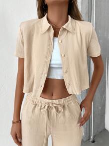 RueChic unicolor con botón delantero Camisa & de cintura con cordón Pantalones