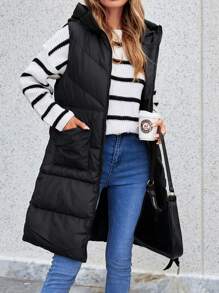 SHEIN Cottnline Dual Pocket Hooded Puffer Vest Coat - Black - View 1