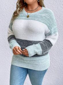 SHEIN LUNE 加大码撞色落肩针织套头衫秋冬毛衣 - 彩色 - 查看 3