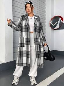 Flirla 大碼格紋印花西裝領花呢外套 - 黑與白 - 查看 5