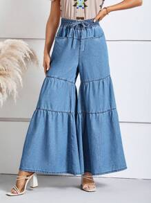 SHEIN LUNE 腰部打結荷葉邊闊腿牛仔褲 - 中等水洗藍 - 查看 3