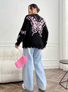 SHEIN EZwear Plus Skeleton Pattern Drop Shoulder Distressed Sweater