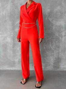 EURMUSE Lapel Neck Chain Detail Jumpsuit - Orange - View 3