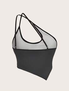 SHEIN ICON Một bờ vai Viền khăn tay Top Cây trồng - Màu xám đen - Xem 2