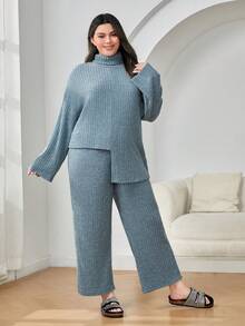 Mulvari Plus Turtleneck Drop Shoulder Split Hem Tee & Pants - Blue - View 3