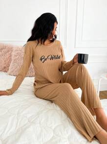 RueChic Letter Graphic Drop Shoulder Lounge Set - Brown - View 1