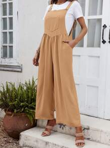 SHEIN LUNE 素色闊腿背帶連身褲不帶T恤 - 棕色 - 查看 3