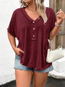 SHEIN LUNE Plus Button Front Batwing Sleeve Tee - Burgundy - View 4