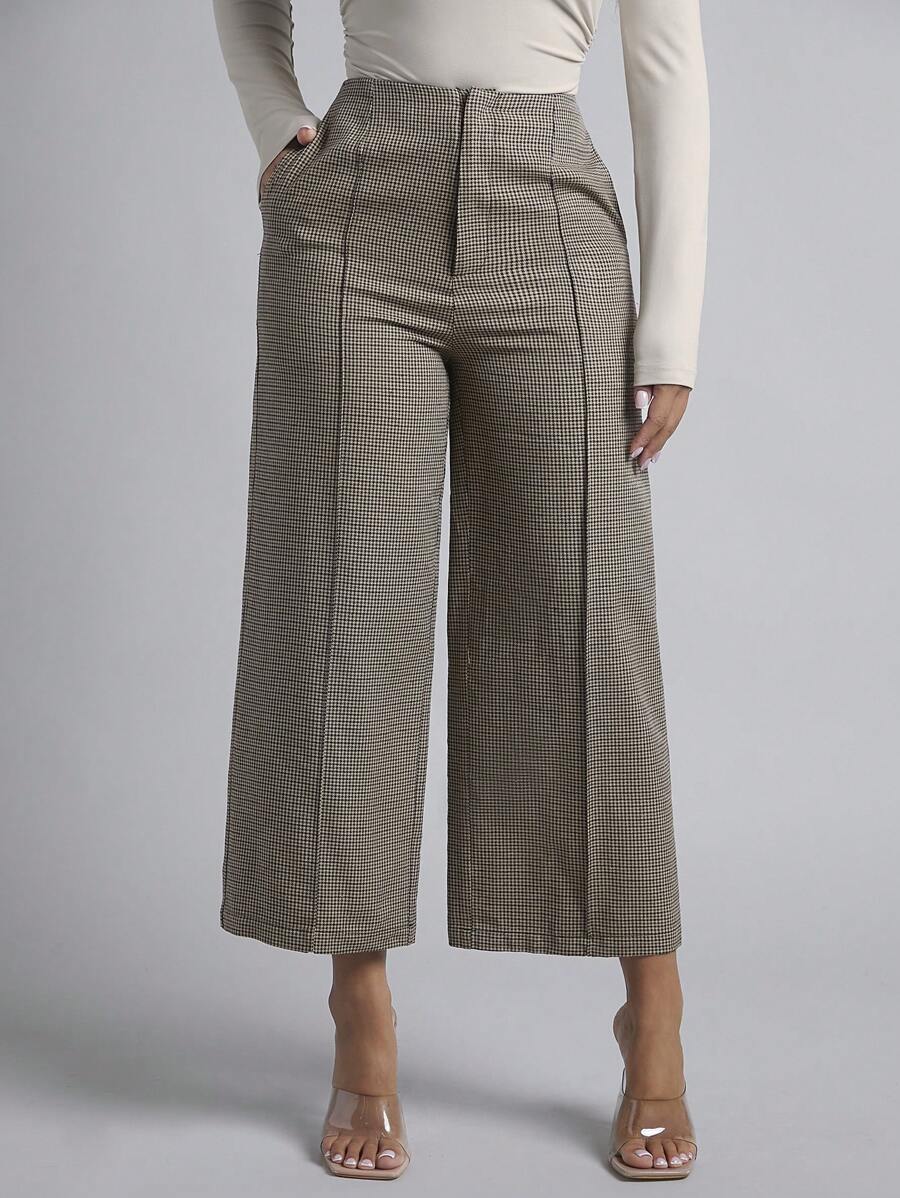 SHEIN PETITE Plaid Print Wide Leg Pants - Khaki - View 1
