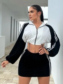 SHEIN SXY 條紋圖案側插肩袖抽繩下擺短夾克&包臀半身裙 - 黑與白 - 查看 5