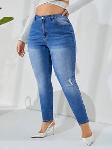 SHEIN Privé Hơn Cao eo Quần jean rách - Rửa trung bình - Xem 4