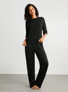 素色落肩袖休閒服T恤 - 黑色 - 查看 5