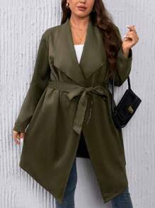 SHEIN LUNE Plus Waterfall Collar Belted Coat - Army Green - View 6